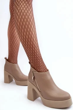 Zazoo Botki Ocieplane|Botki Skórzane*Botki Damskie Na Masywnym Słupku Z Suwakiem 1755 Beżowe