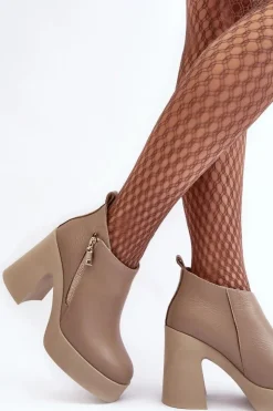 Zazoo Botki Ocieplane|Botki Skórzane*Botki Damskie Na Masywnym Słupku Z Suwakiem 1755 Beżowe