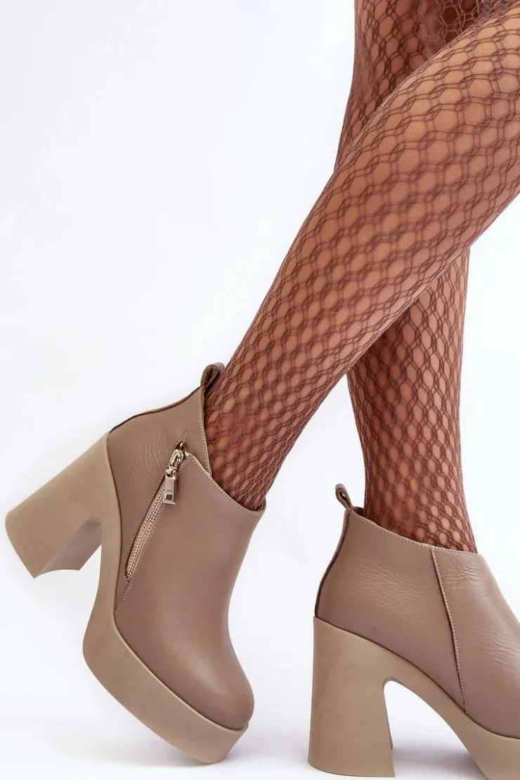 Zazoo Botki Ocieplane|Botki Skórzane*Botki Damskie Na Masywnym Słupku Z Suwakiem 1755 Beżowe