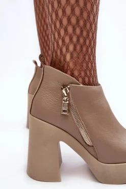 Zazoo Botki Ocieplane|Botki Skórzane*Botki Damskie Na Masywnym Słupku Z Suwakiem 1755 Beżowe