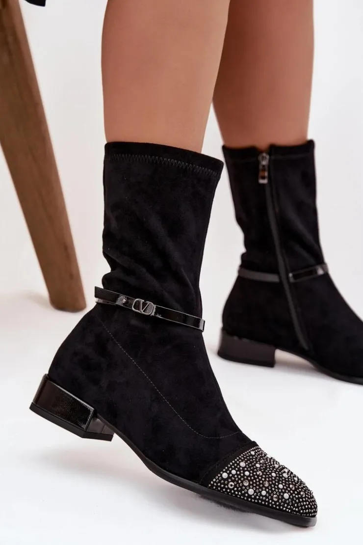 D&A Botki Ocieplane|Botki Na Obcasie*Botki Damskie Na Niskim Obcasie Ze Zdobieniem I Paskiem MR52-165 Czarne