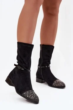 D&A Botki Ocieplane|Botki Na Obcasie*Botki Damskie Na Niskim Obcasie Ze Zdobieniem I Paskiem MR52-165 Czarne