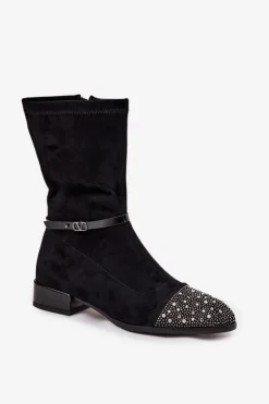 D&A Botki Ocieplane|Botki Na Obcasie*Botki Damskie Na Niskim Obcasie Ze Zdobieniem I Paskiem MR52-165 Czarne