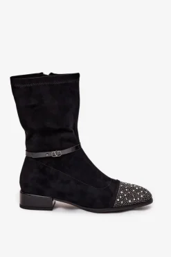 D&A Botki Ocieplane|Botki Na Obcasie*Botki Damskie Na Niskim Obcasie Ze Zdobieniem I Paskiem MR52-165 Czarne
