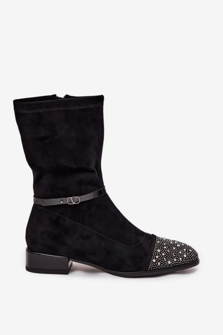 D&A Botki Ocieplane|Botki Na Obcasie*Botki Damskie Na Niskim Obcasie Ze Zdobieniem I Paskiem MR52-165 Czarne
