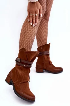 Best Boto Botki Damskie Na Niskim Obcasie Z Paskami Camel Thelereia