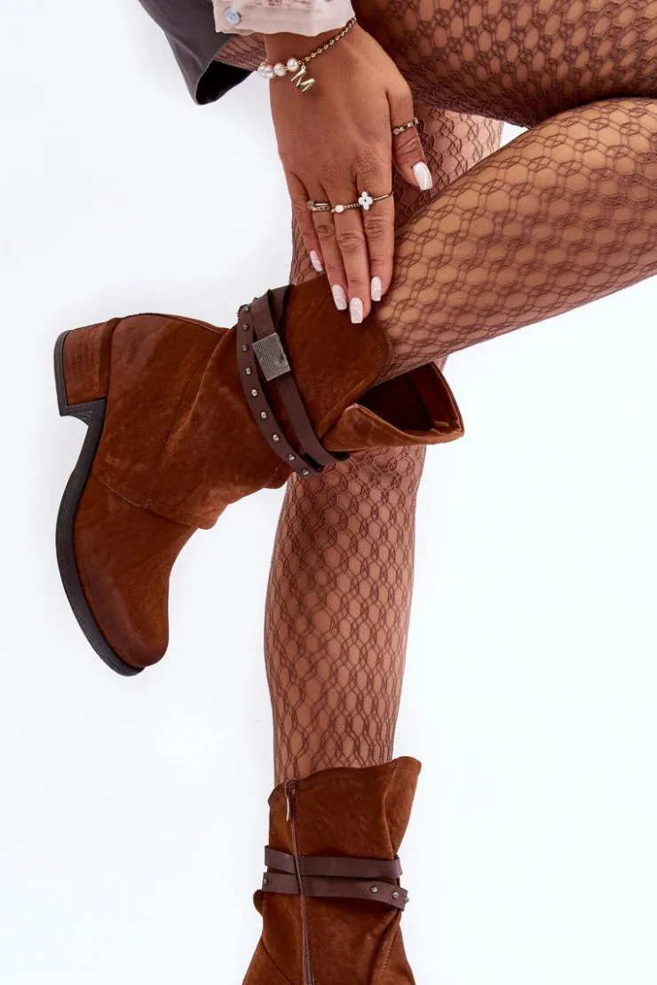 Best Boto Botki Damskie Na Niskim Obcasie Z Paskami Camel Thelereia