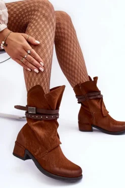 Best Boto Botki Damskie Na Niskim Obcasie Z Paskami Camel Thelereia