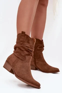 Boto Brązowe I Beżowe Botki|Botki Na Obcasie*Botki Damskie Na Niskim Obcasie Z Marszczeniem Camel Adena