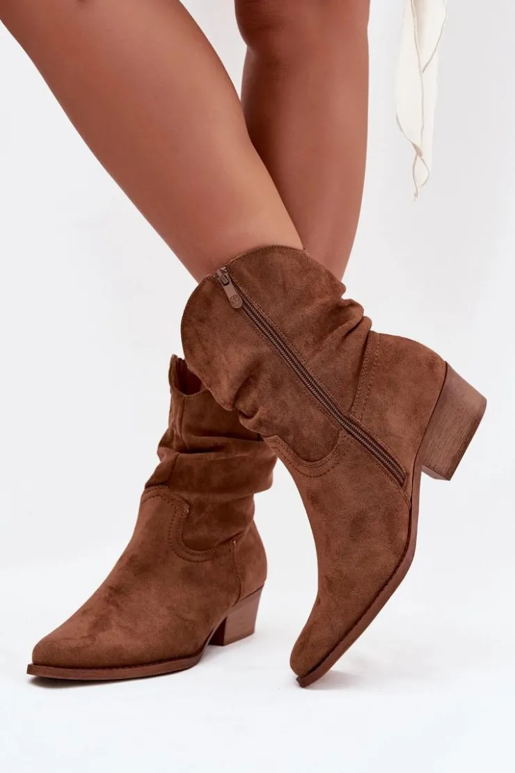 Boto Brązowe I Beżowe Botki|Botki Na Obcasie*Botki Damskie Na Niskim Obcasie Z Marszczeniem Camel Adena