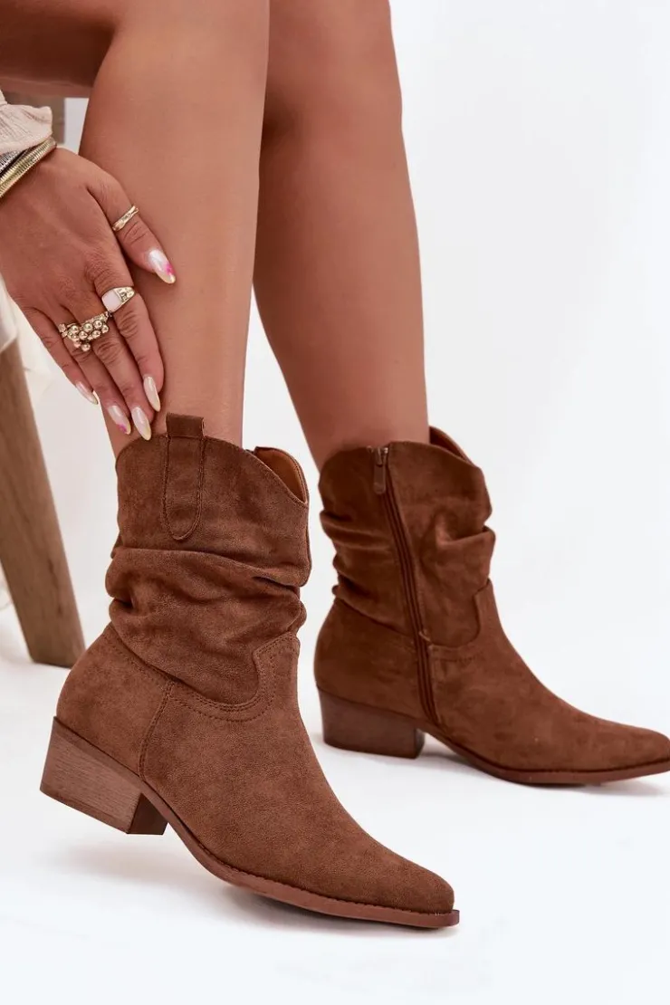 Boto Brązowe I Beżowe Botki|Botki Na Obcasie*Botki Damskie Na Niskim Obcasie Z Marszczeniem Camel Adena
