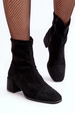 Boto Botki Na Słupku|Czarne Botki*Botki Damskie Na Niskim Obcasie Ze Zdobieniem Czarne Vissias