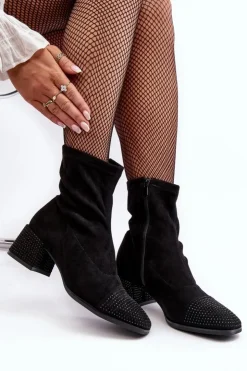 Boto Botki Na Słupku|Czarne Botki*Botki Damskie Na Niskim Obcasie Ze Zdobieniem Czarne Vissias