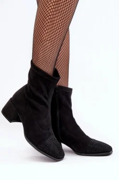 Boto Botki Na Słupku|Czarne Botki*Botki Damskie Na Niskim Obcasie Ze Zdobieniem Czarne Vissias