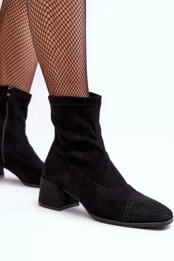 Boto Botki Na Słupku|Czarne Botki*Botki Damskie Na Niskim Obcasie Ze Zdobieniem Czarne Vissias