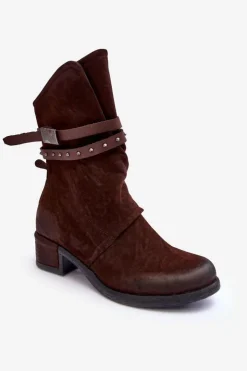 Damskie Boto Botki Damskie Na Niskim Obcasie Z Paskami Brązowe Thelereia