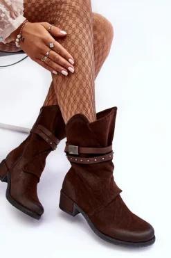 Damskie Boto Botki Damskie Na Niskim Obcasie Z Paskami Brązowe Thelereia