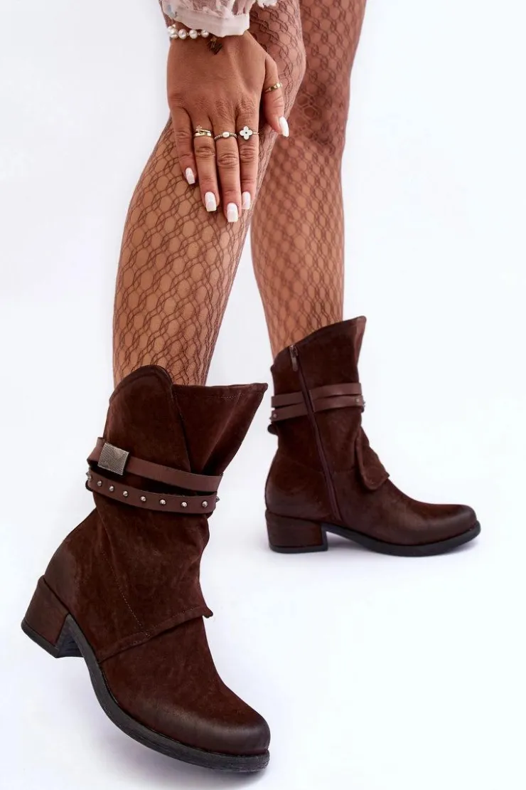 Damskie Boto Botki Damskie Na Niskim Obcasie Z Paskami Brązowe Thelereia