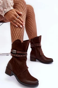 Damskie Boto Botki Damskie Na Niskim Obcasie Z Paskami Brązowe Thelereia