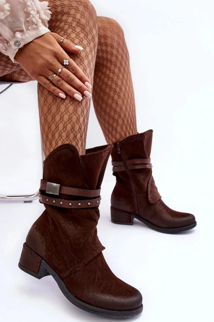 Damskie Boto Botki Damskie Na Niskim Obcasie Z Paskami Brązowe Thelereia