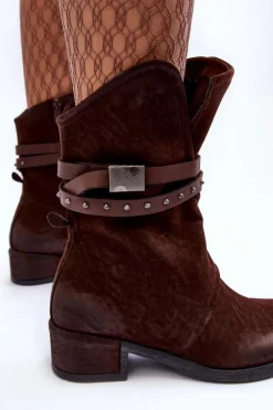 Damskie Boto Botki Damskie Na Niskim Obcasie Z Paskami Brązowe Thelereia