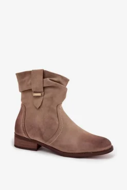 Evento Botki Ocieplane|Botki Na Obcasie*Botki Damskie Na Niskim Obcasie Z Marszczeniem Ocieplane Khaki Gracia Beżowy