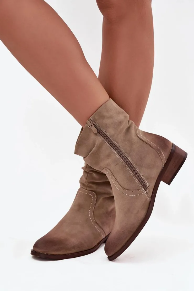 Evento Botki Ocieplane|Botki Na Obcasie*Botki Damskie Na Niskim Obcasie Z Marszczeniem Ocieplane Khaki Gracia Beżowy