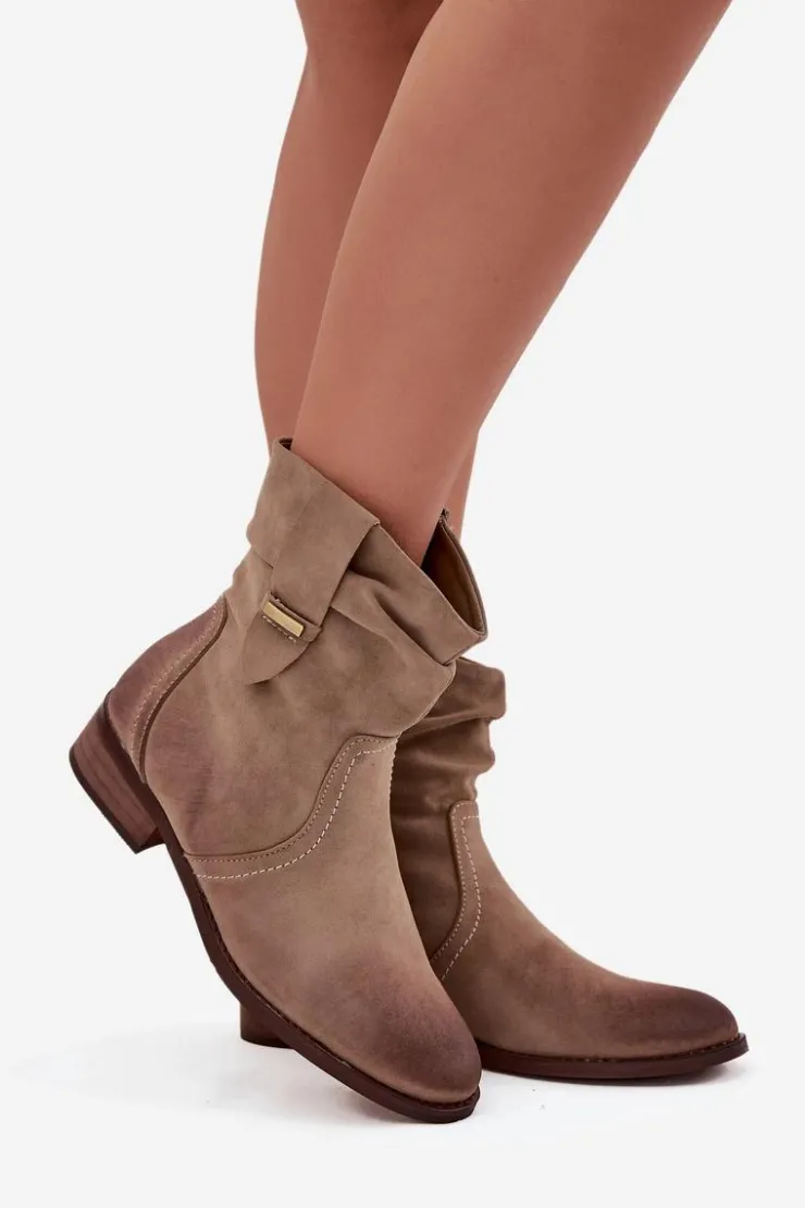 Evento Botki Ocieplane|Botki Na Obcasie*Botki Damskie Na Niskim Obcasie Z Marszczeniem Ocieplane Khaki Gracia Beżowy