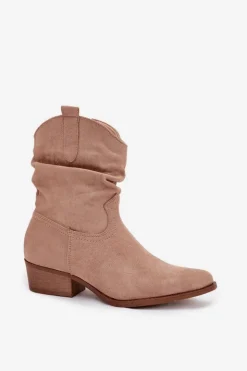 Sale Boto Botki Damskie Na Niskim Obcasie Z Marszczeniem Beżowe Adena