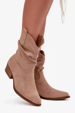 Sale Boto Botki Damskie Na Niskim Obcasie Z Marszczeniem Beżowe Adena