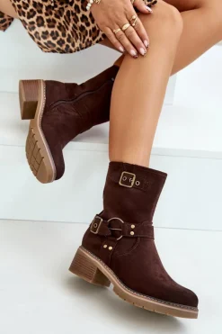 Boto Botki Damskie Na Niskim Obcasie Z Klamrami Brązowe Zudra Brązowy