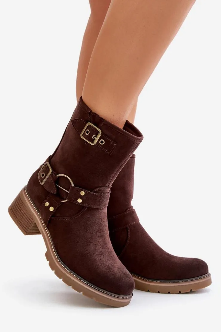 Boto Botki Damskie Na Niskim Obcasie Z Klamrami Brązowe Zudra Brązowy