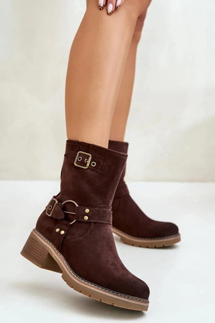 Boto Botki Damskie Na Niskim Obcasie Z Klamrami Brązowe Zudra Brązowy
