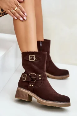 Boto Botki Damskie Na Niskim Obcasie Z Klamrami Brązowe Zudra Brązowy