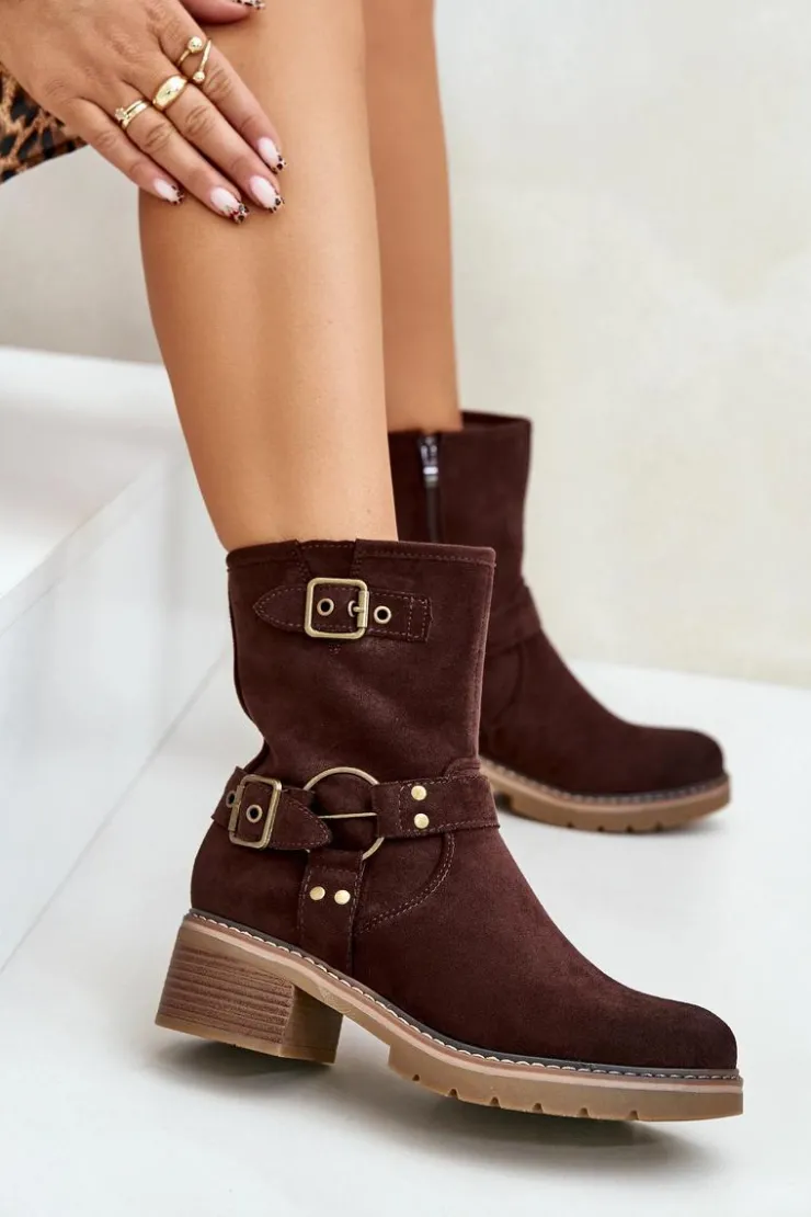 Boto Botki Damskie Na Niskim Obcasie Z Klamrami Brązowe Zudra Brązowy