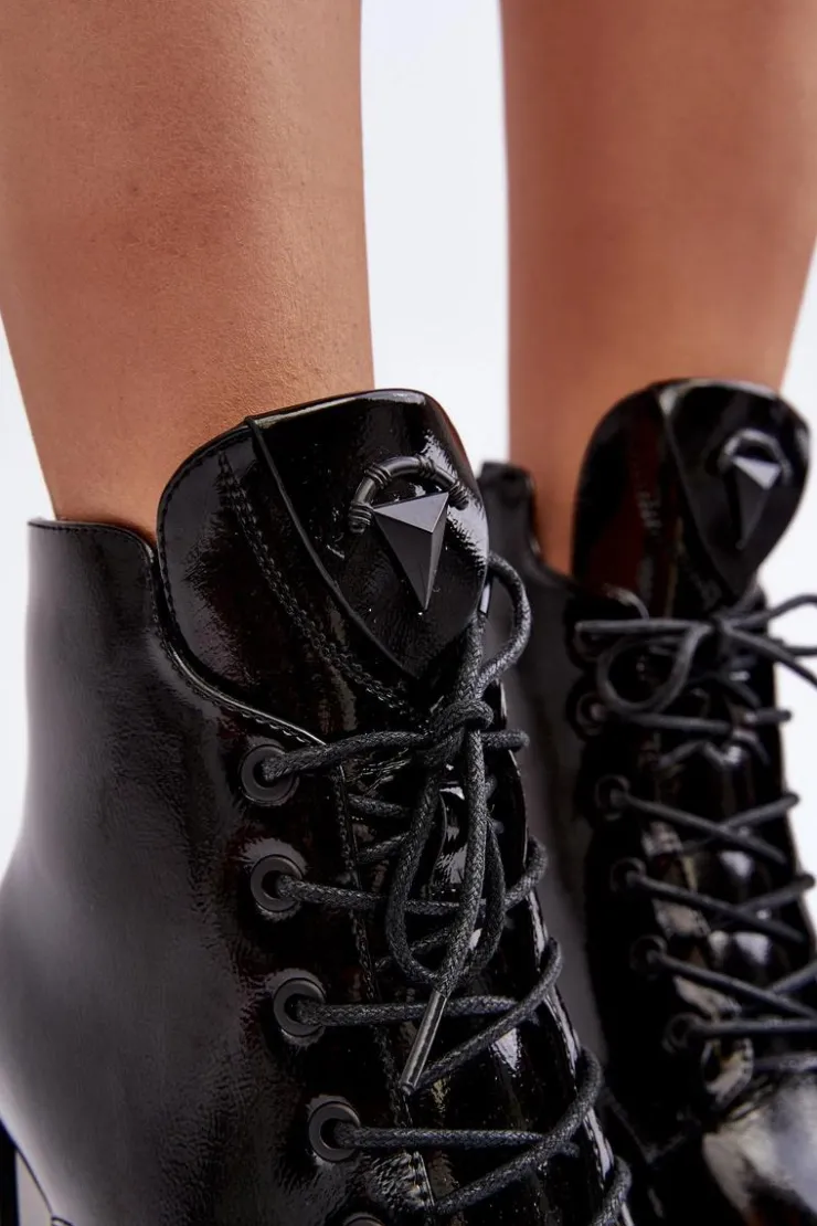 Damskie Damskie buty S.Barski Botki Damskie Na Obcasie Sznurowane D&A CR8163 Czarne
