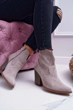 Boto Botki Na Słupku|Brązowe I Beżowe Botki*Botki Damskie Na Obcasie Skóra Zamsz Jasne Cappuccino Nicole 2433