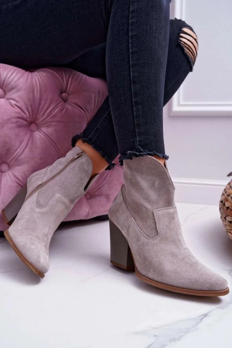 Boto Botki Na Słupku|Brązowe I Beżowe Botki*Botki Damskie Na Obcasie Skóra Zamsz Jasne Cappuccino Nicole 2433