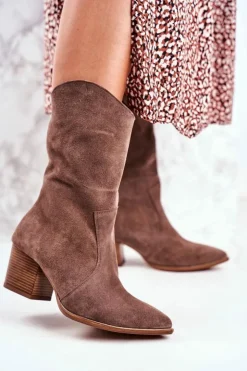 Damskie Boto Botki Damskie Na Obcasie Skóra Nubuk Cappuccino Nicole 2580