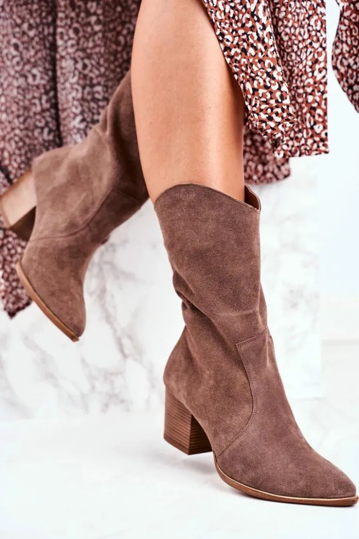 Damskie Boto Botki Damskie Na Obcasie Skóra Nubuk Cappuccino Nicole 2580