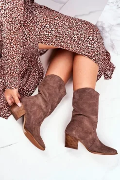 Damskie Boto Botki Damskie Na Obcasie Skóra Nubuk Cappuccino Nicole 2580