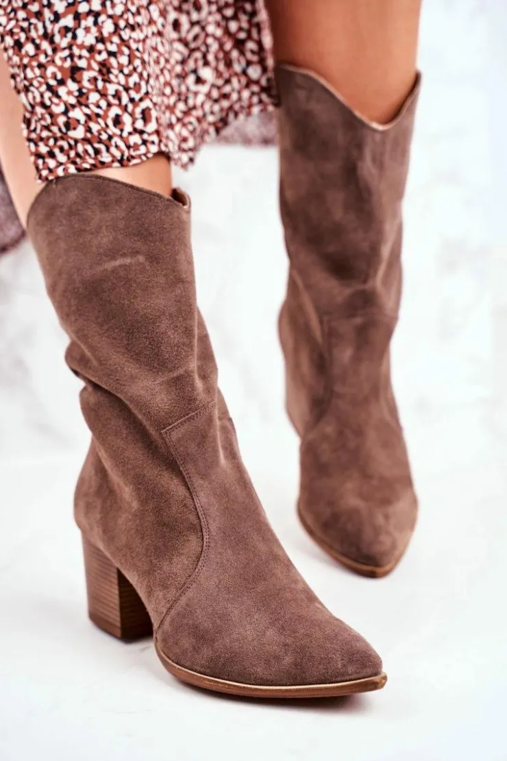 Damskie Boto Botki Damskie Na Obcasie Skóra Nubuk Cappuccino Nicole 2580