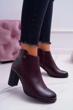 Outlet Buty Sergio Leone Botki Damskie Na Obcasie Sergio Leone Bordowe BT518