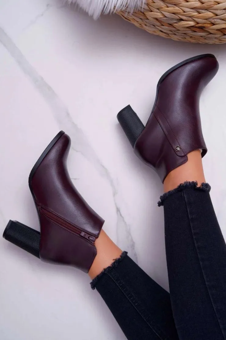 Outlet Buty Sergio Leone Botki Damskie Na Obcasie Sergio Leone Bordowe BT518