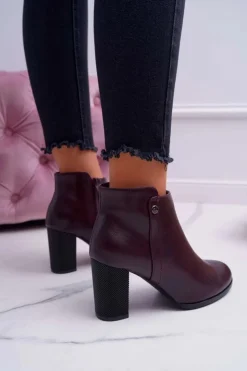 Outlet Buty Sergio Leone Botki Damskie Na Obcasie Sergio Leone Bordowe BT518