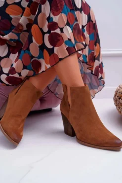 Damskie Boto Botki Damskie Na Obcasie Wiosenne Skóra Zamsz Brązowe Nicole 2430