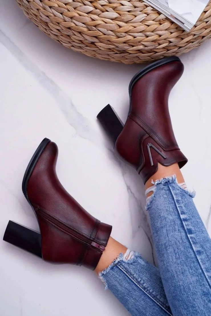 Damskie Buty Sergio Leone Botki Damskie Na Obcasie Sergio Leone Bordowe BT537