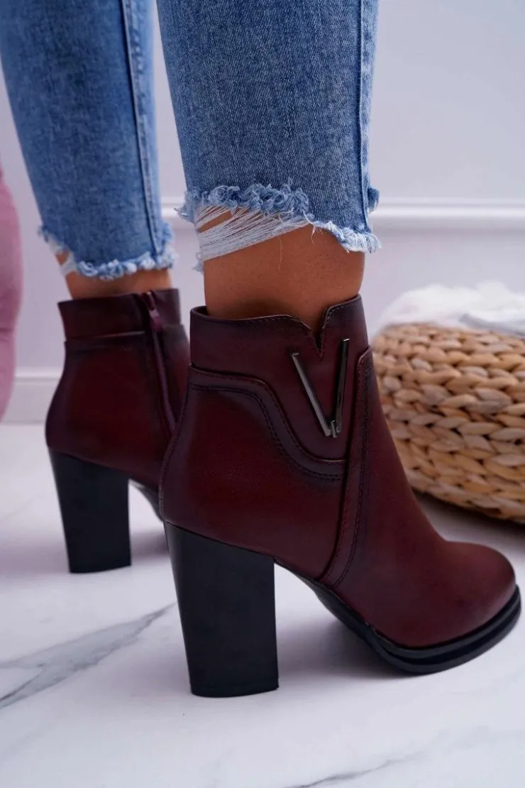 Damskie Buty Sergio Leone Botki Damskie Na Obcasie Sergio Leone Bordowe BT537