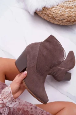 Boto Botki Na Słupku|Brązowe I Beżowe Botki*Botki Damskie Na Obcasie Skóra Zamsz Cappuccino Nicole 2433