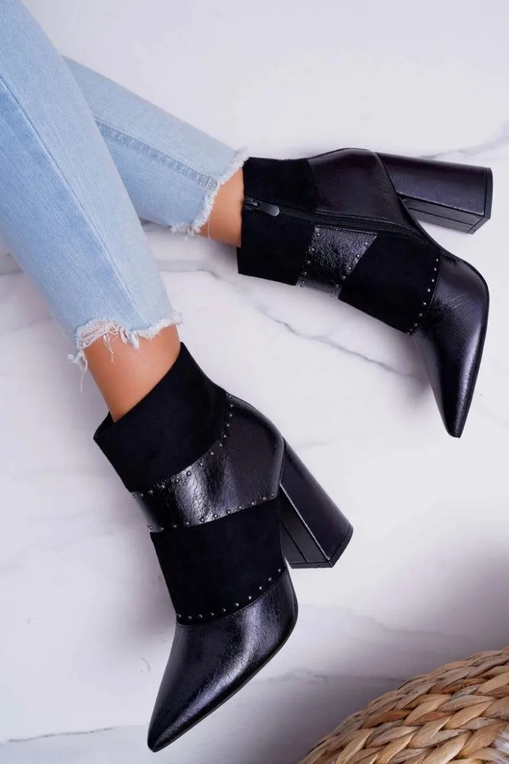 Damskie Boto Botki Damskie Na Obcasie Z Nitami W Szpic RB21P Czarne Yango